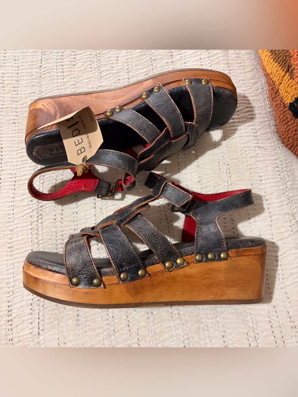 BED|STU Black Leather & Wood Platform Sandals with Red Accent